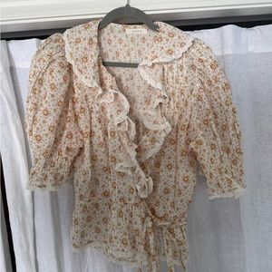 Doen Floral Ruffle Wrap Blouse - Cream and Red